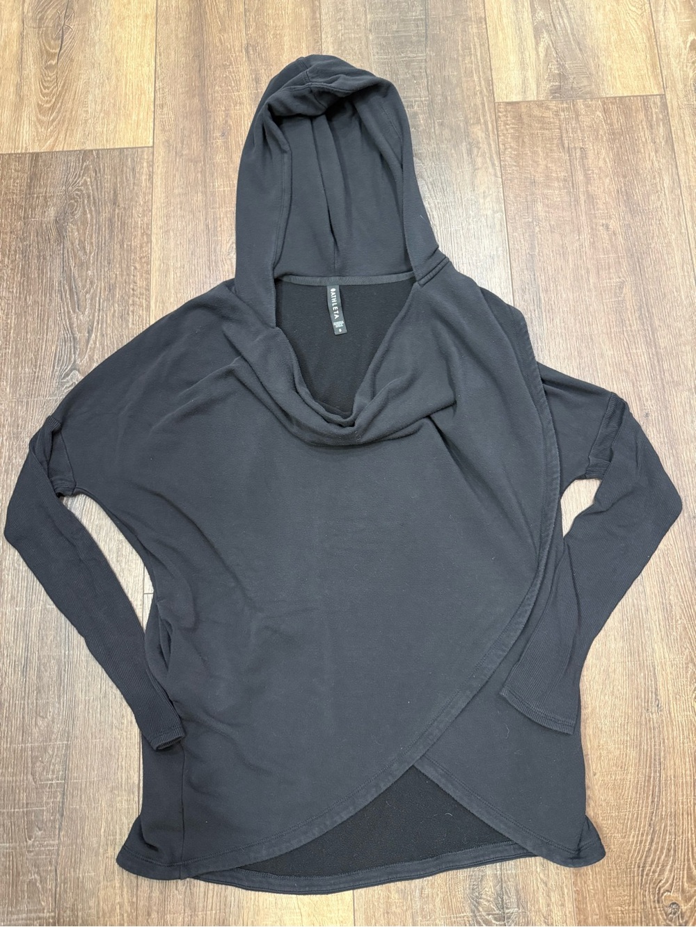 Athleta oversized asymmetrical sweater black ribbed sleeves hooded